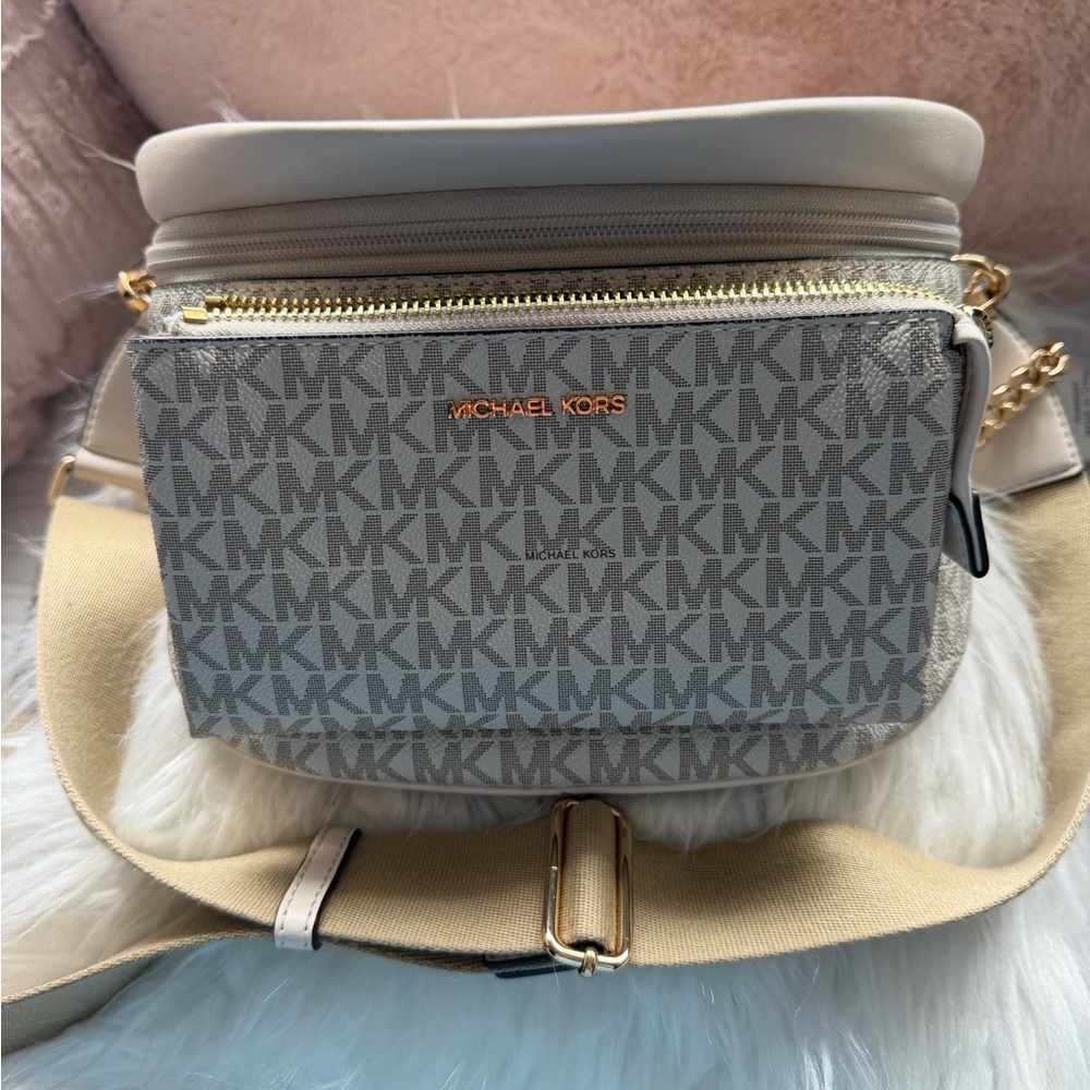 Michael Kors Cream and Light Gray MK Signature Crossbody Belt Bag